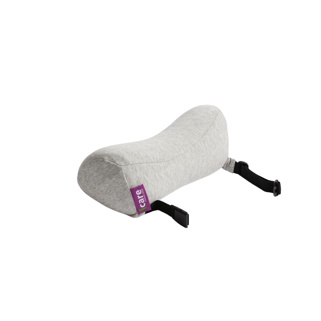 The iCare Reform Neck Support offers targeted cervical support for seated comfort. It features a light gray ergonomic design, adjustable black straps, and a purple icare tag.